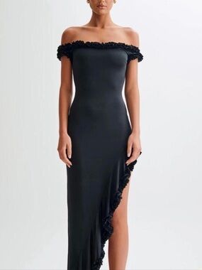 Meshki Arielle Off-Shoulder Black Ruffle-Trim Maxi Dress